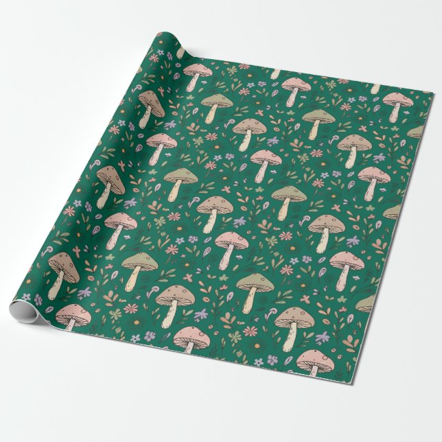 Papel De Presente Padrão contínuo de fungos verde esmeralda profundo (Desenrolado)