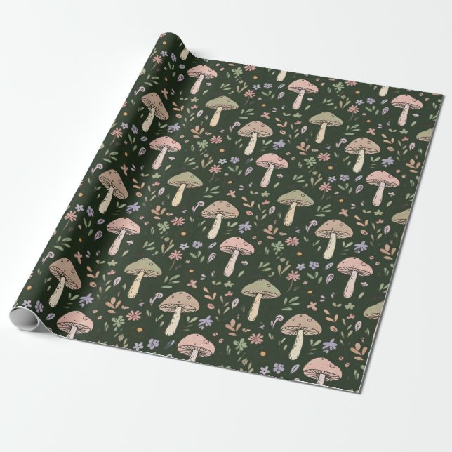 Papel De Presente Padrão Contínuo de Fungos Verde Oliva Terroso (Desenrolado)