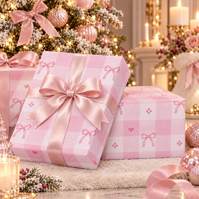Papel De Presente Padrão contínuo de Ginga com Laço Rosa | Feminino  (Pink Bow Gingham Seamless Pattern | Cute Feminine Wrapping Paper)
