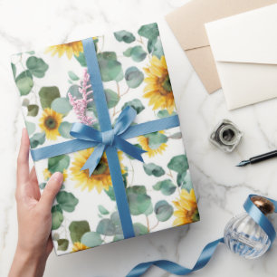 Papel De Presente Padrão contínuo de girassol e eucalipto em aquarel