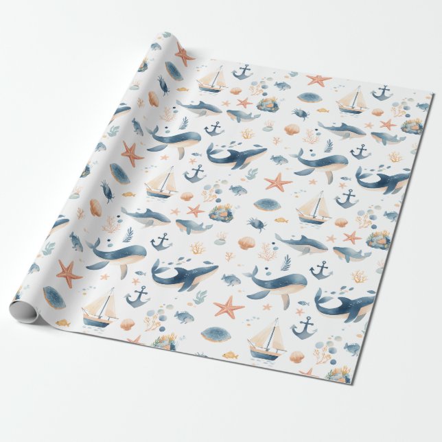 Papel De Presente Padrão contínuo de golfinho em aquarela (Desenrolado)