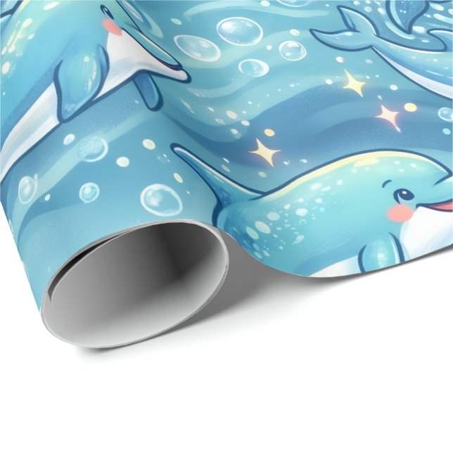 Papel De Presente Padrão contínuo de golfinho fofo no oceano (Ponta do rolo)
