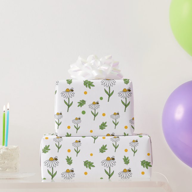 Papel De Presente Padrão contínuo de Margarida e Abelha Fofa (Presentes para festas)