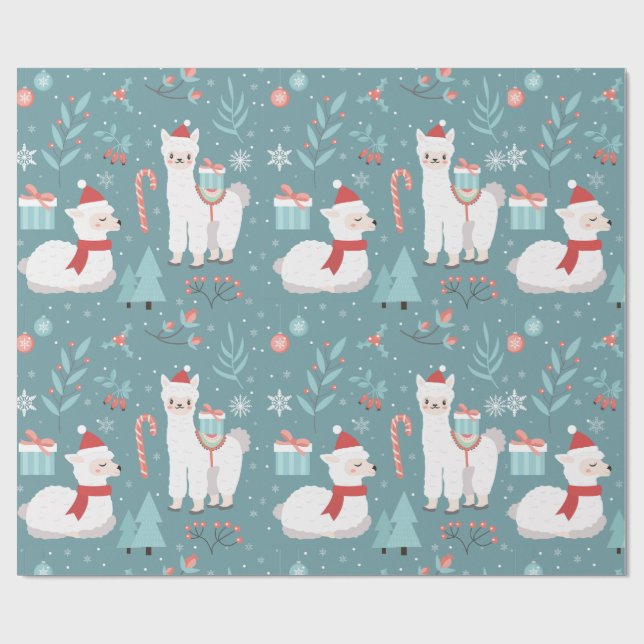 Papel De Presente Padrão contínuo de Natal Lhama Azul Inverno (Aberto)