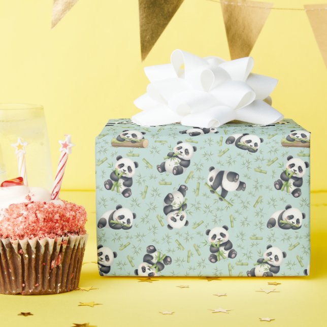 Papel De Presente Padrão contínuo de Panda Fofo e Bambu (Festa de aniversário)