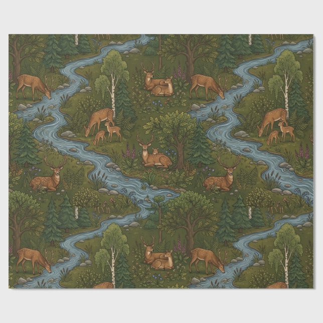 Papel De Presente Padrão contínuo de riacho da floresta de cervos da (Aberto)