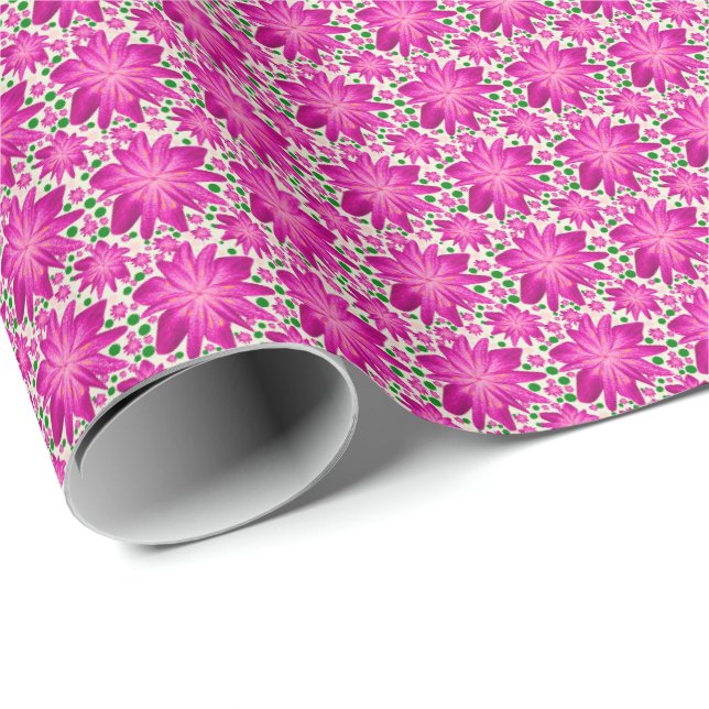 Papel De Presente Padrão contínuo floral rosa quente com bolinhas (Ponta do rolo)
