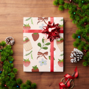 Papel De Presente Padrão contínuo fofo de cottagecore de morango