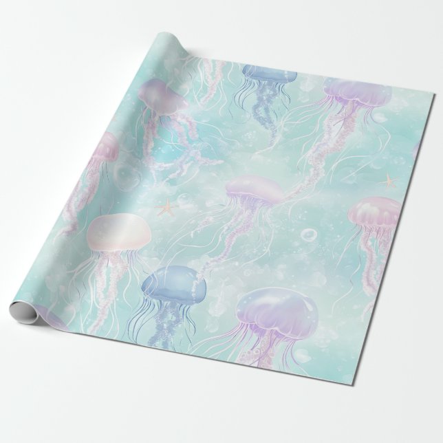Papel De Presente Padrão Costeiro de Água-Viva de Verão (Desenrolado)