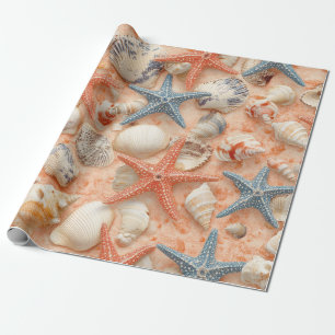Papel De Presente Padrão Costeiro Estrela-do-Mar Concha de Areia Pês