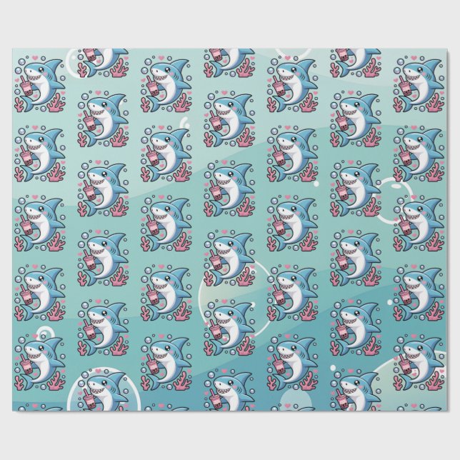 Papel De Presente Padrão Cute Kawaii Boba Shark (Aberto)