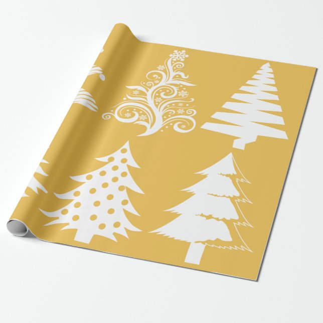 Papel De Presente Padrão da árvore de Natal branco dourado (Desenrolado)