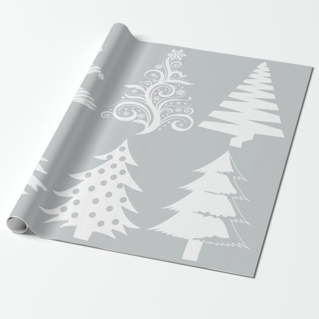 Papel De Presente Padrão da árvore de Natal branco prateado (Desenrolado)