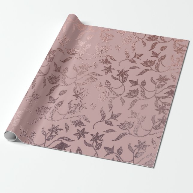 Papel De Presente Padrão da Vinha Floral Dourada rosa a rosa pentead (Desenrolado)