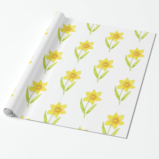 Papel De Presente Padrão Daffodil 2 da Aquarela (Desenrolado)
