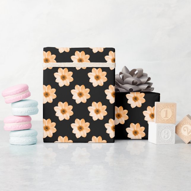 Papel De Presente Padrão Dahlia - Laranja claro em preto (Chá de bebê)