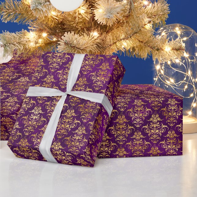 Papel De Presente Padrão Damasco Roxo e Dourado Ornamental (Feriados)