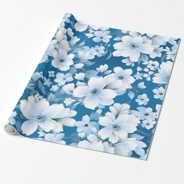Papel De Presente padrão das flores brancas, fundo azul, (Desenrolado)