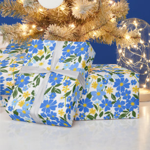 Papel De Presente Padrão das flores Primavera azuis e amarelas