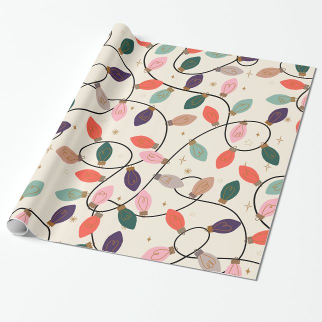 Papel De Presente Padrão das luzes da string de feriado retrô (Desenrolado)