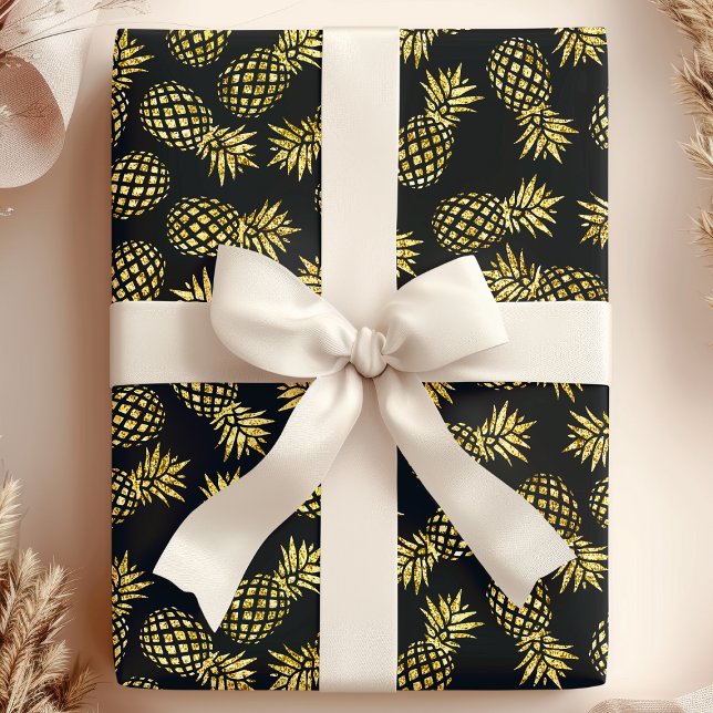 Papel De Presente Padrão de Abacaxi Azul Marinho Dourado (Criador carregado)