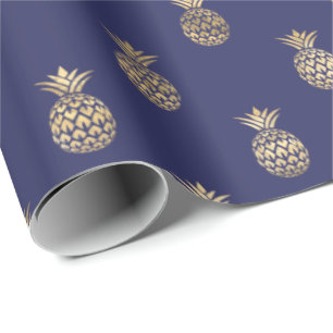 Papel De Presente Padrão de abacaxi Dourado azul de Marinho tropica