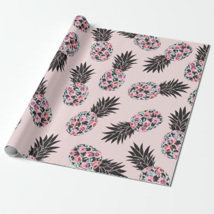 Papel De Presente Padrão de abacaxi preto-rosa-claro-giro