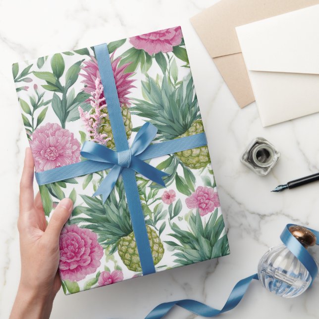 Papel De Presente Padrão de Abacaxis Florais em Aquarela Rosa Verde (Presentear)