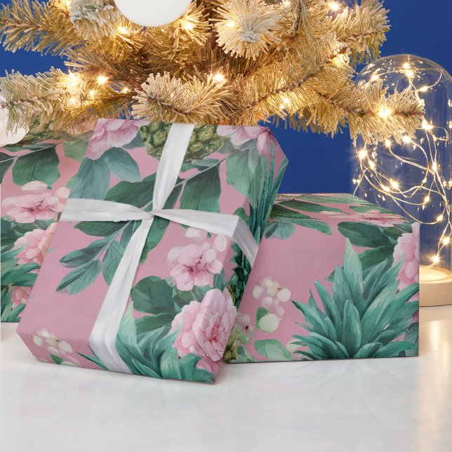 Papel De Presente Padrão de Abacaxis Florais em Aquarela Rosa Verde (Feriados)