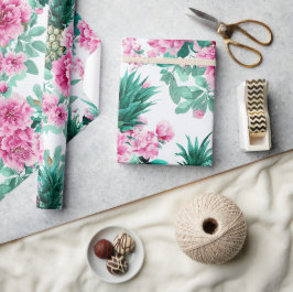 Papel De Presente Padrão de Abacaxis Florais em Aquarela Rosa Verde