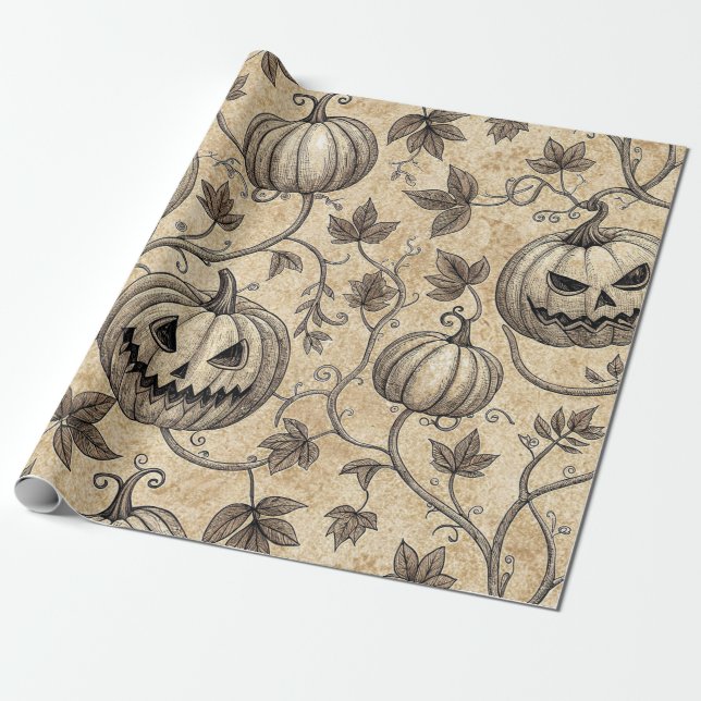 Papel De Presente Padrão de Abóbora de Halloween Vintage com Videira (Desenrolado)