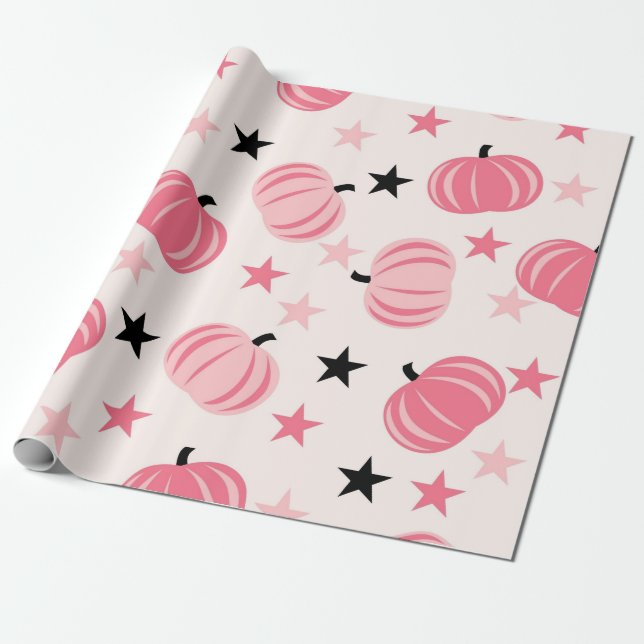 Papel De Presente Padrão de Abóbora Rosa Com Estrelas (Desenrolado)