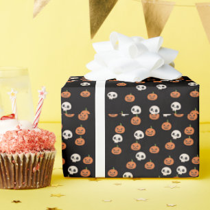 Papel De Presente Padrão de Abóboras e Caveiras de Halloween