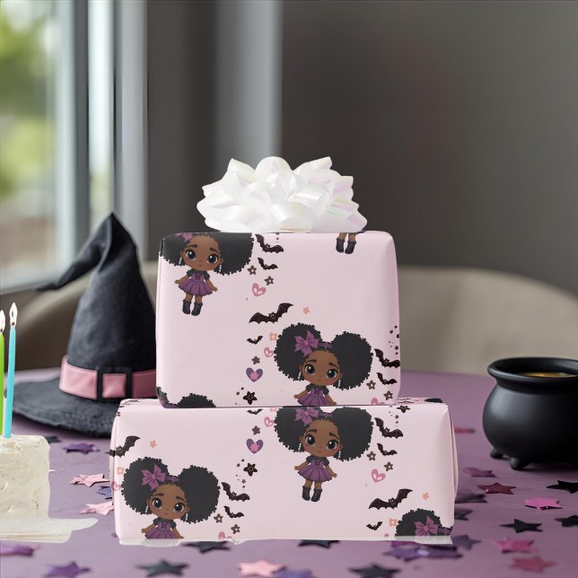 Papel De Presente Padrão de afro-puff de menina roxa fofa fofa (Spooky cute purple girl afro-puff pattern wrapping paper)