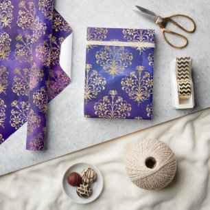 Papel De Presente Padrão de água-forte roxo com damasco dourado