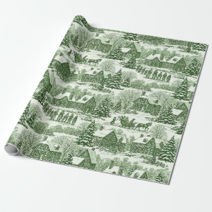 Papel De Presente Padrão de Aldeia de Natal Vintage Toile Verde
