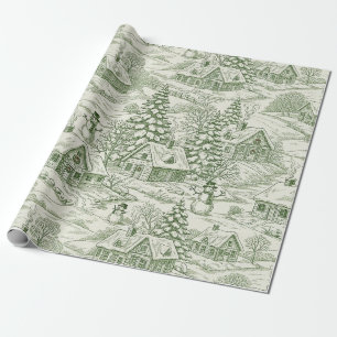 Papel De Presente Padrão de Aldeia de Natal Vintage Toile Verde (3)