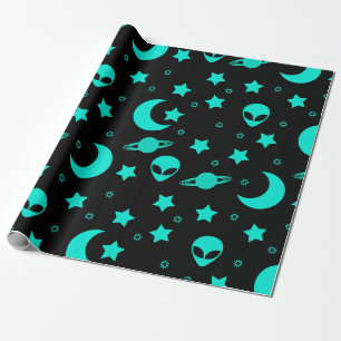 Papel De Presente Padrão de Alien Turquesa com Estrelas e Luas