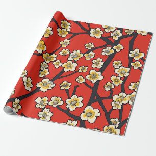 Papel De Presente Padrão de Ameixa Branca Meihua Chinesa em Vermelho