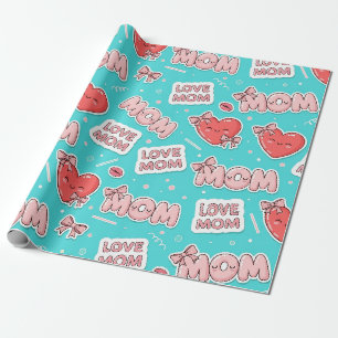 Papel De Presente Padrão de Amor da Mãe em Arte Pop em Turquesa (1)