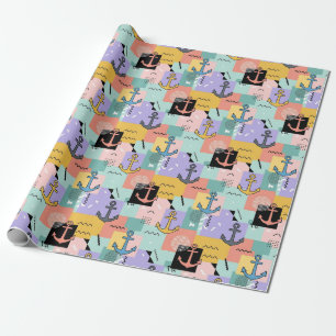 Papel De Presente Padrão de Âncora Náutica Retro Colorido