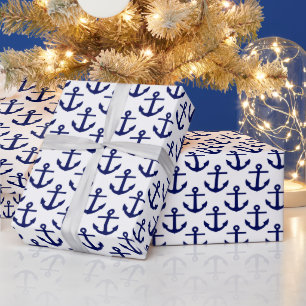 Papel De Presente Padrão de âncoras azuis brancas e Marinhos