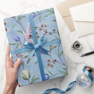 Papel De Presente Padrão de Anêmonas das Tulipas Azuis e Brancas