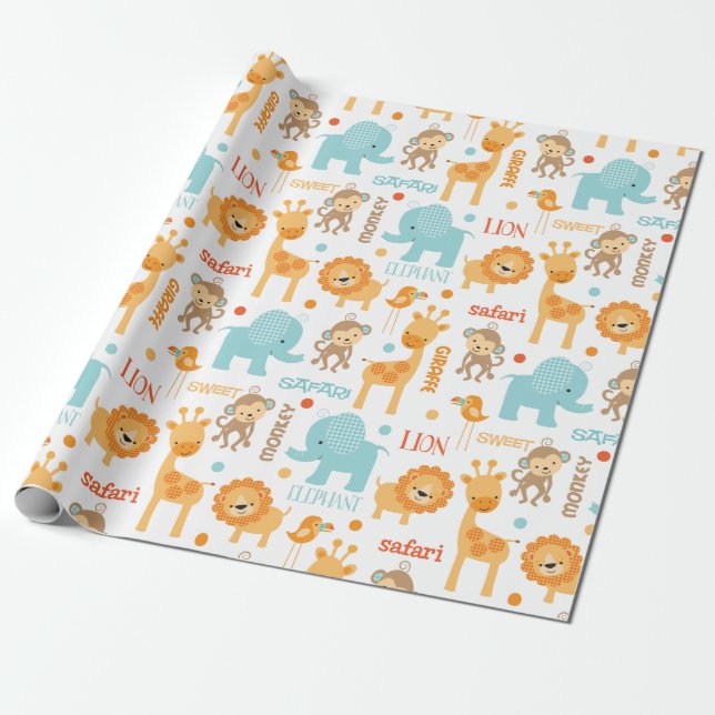 Papel De Presente Padrão de Animais Safari Selvagem Cuta (Desenrolado)