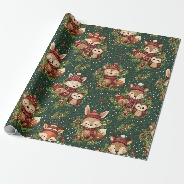 Papel De Presente Padrão de Animal da Floresta de Inverno Cottagecor (Desenrolado)