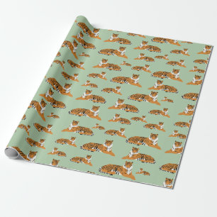 Papel De Presente Padrão de Animal Tigre da Selva em Verde Salvia La