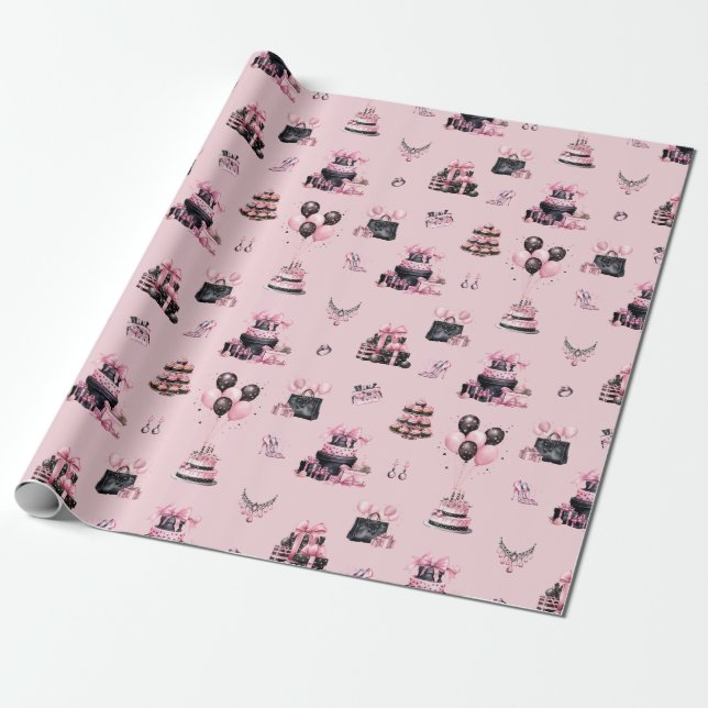 Papel De Presente Padrão de Aniversário da Moda Rosa e Negra (Desenrolado)