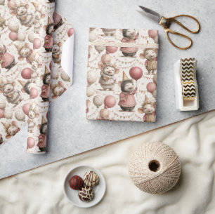 Papel De Presente Padrão de Aniversário de Ratinho Adorável, Rosa e 