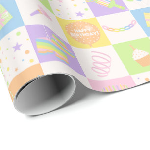 Papel De Presente Padrão de Aniversário Pastel Fofo com Ícones de Fe