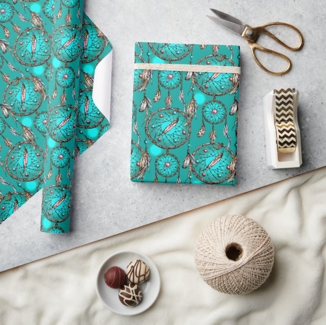 Papel De Presente Padrão de Apanhador de Sonhos Azul Celestial (Artesanato)